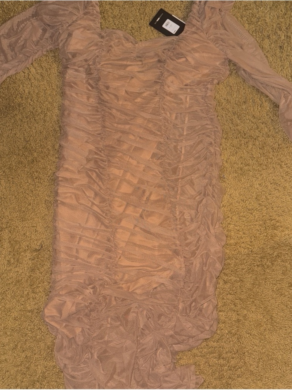 Fashion Nova Nude Ruched Mesh Midi Dress